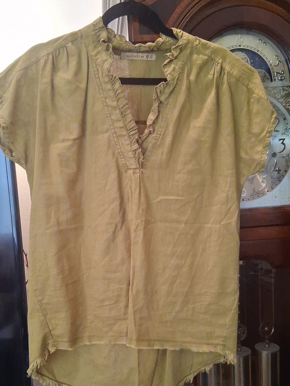 Light Olive Green Ruffled V-Neck Linen And Cotton Blouse